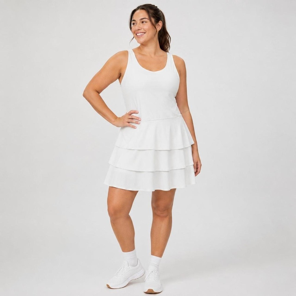 JoyLab Womens White Tiered Ruffle Active Dress Large Cutout Back Built-in Shorts